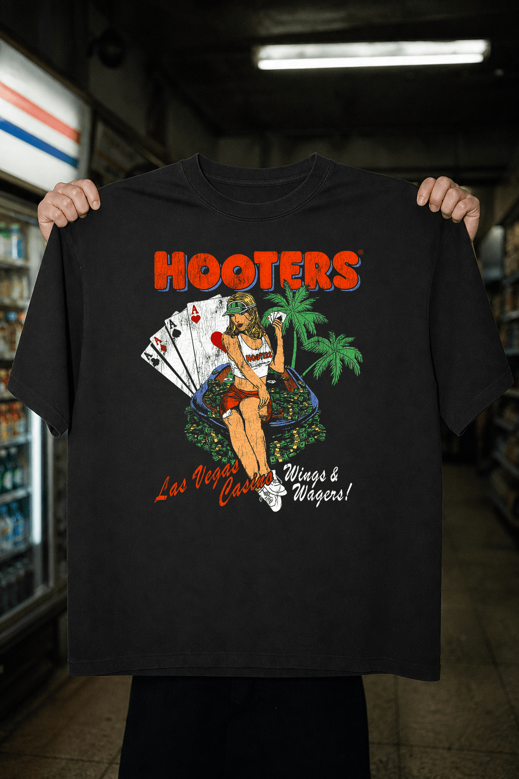 Y2K HOOTER 'WINGS AND WAGERS' LAS VEGAS RARE WASHED BLACK T-SHIRT Y2K HOOTER 'WINGS AND WAGERS' LAS VEGAS RARE WASHED BLACK T-SHIRT