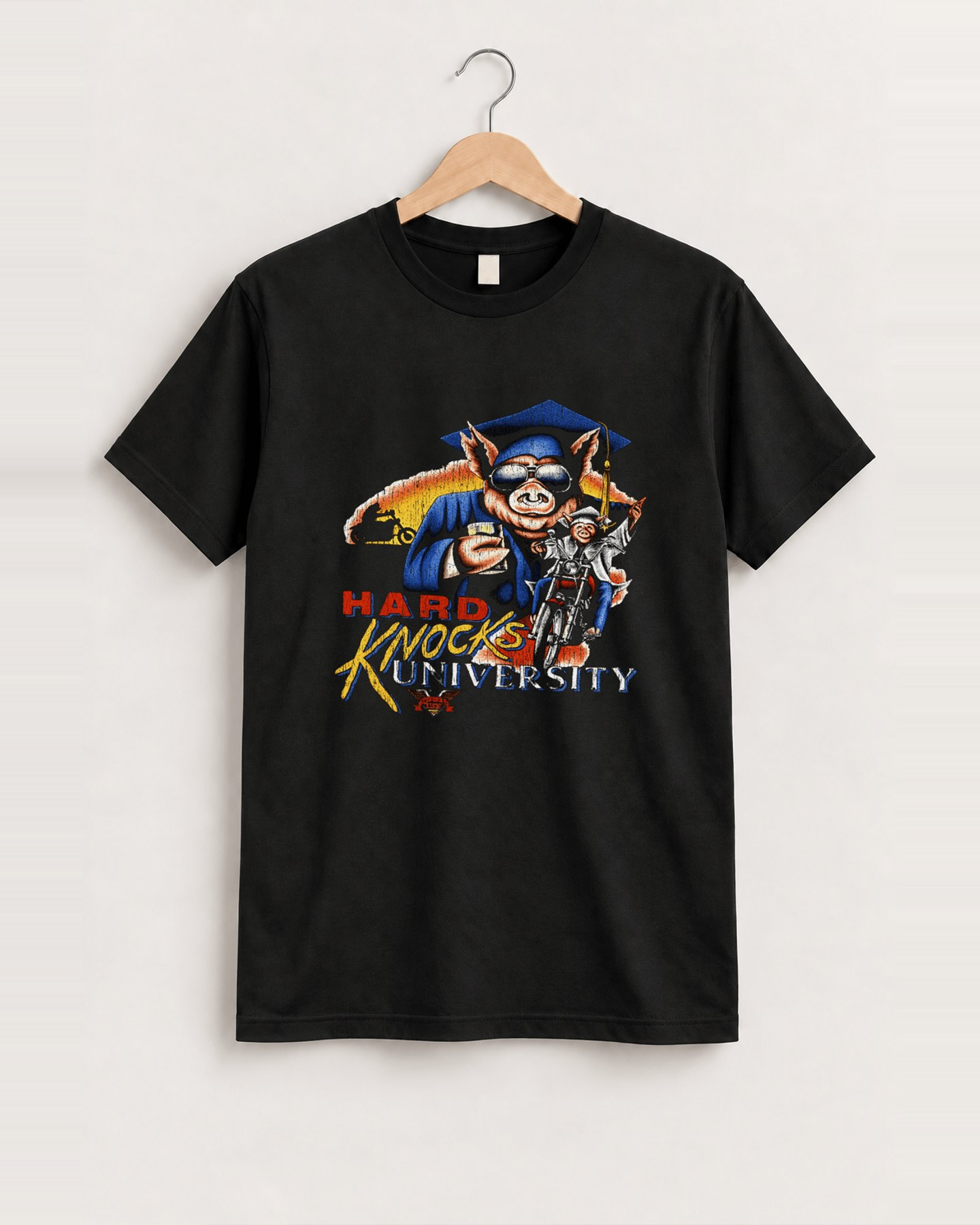 Hard knocks university black tee front