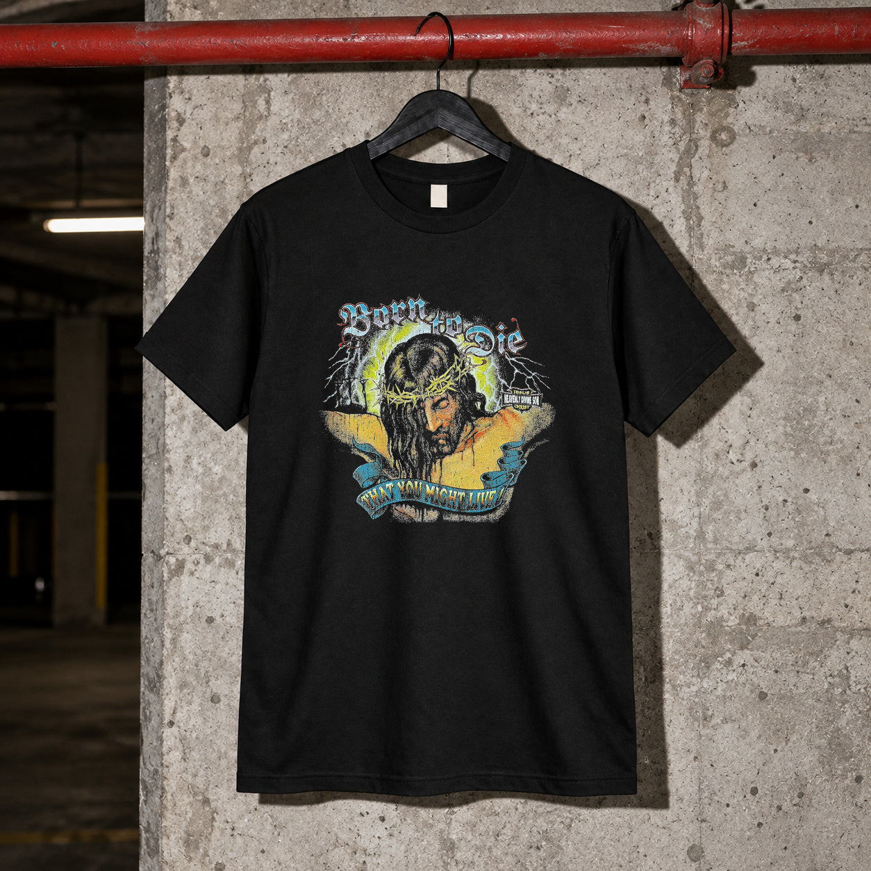 90's jesus "born to die" vintage black tee — black tee, front print, garage setting