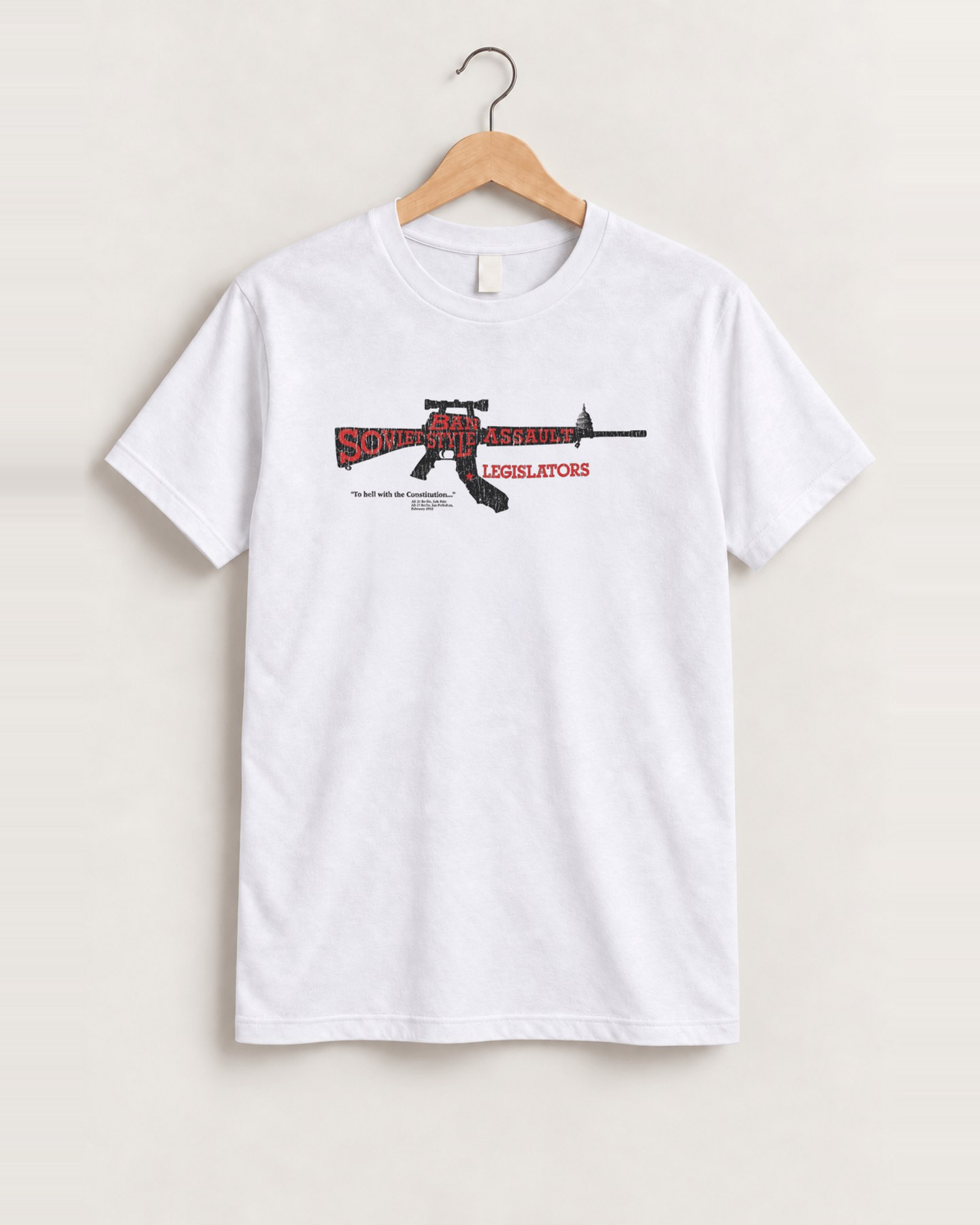 Ban assault style guns white tee front