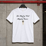 The playboy club white tshirt — white tee, front print, garage setting