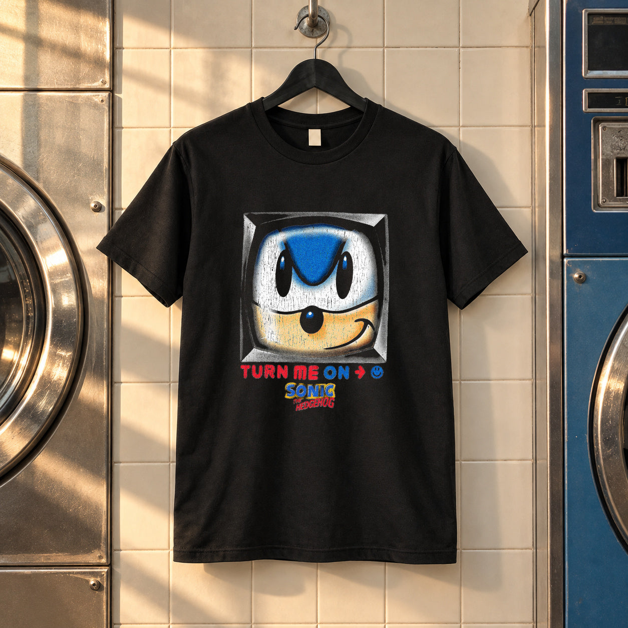Sonic turn me on black tee — black tee, front print, laundry setting