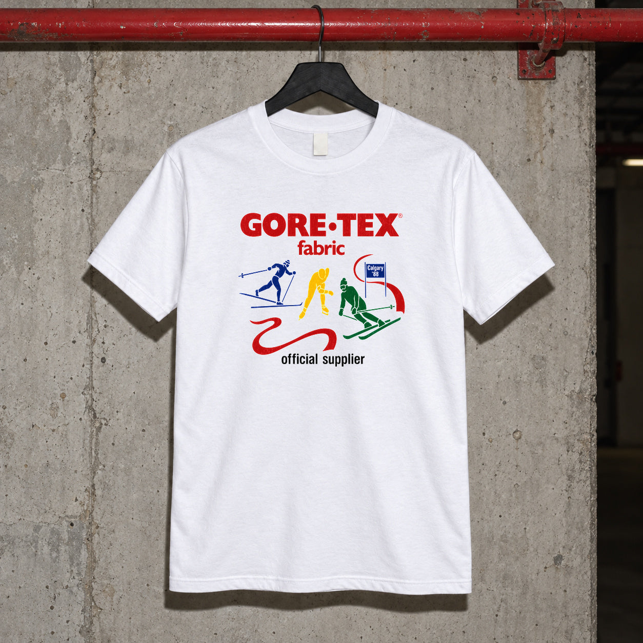 88 calgary goretex official supplier white tee — white tee, front print, garage setting
