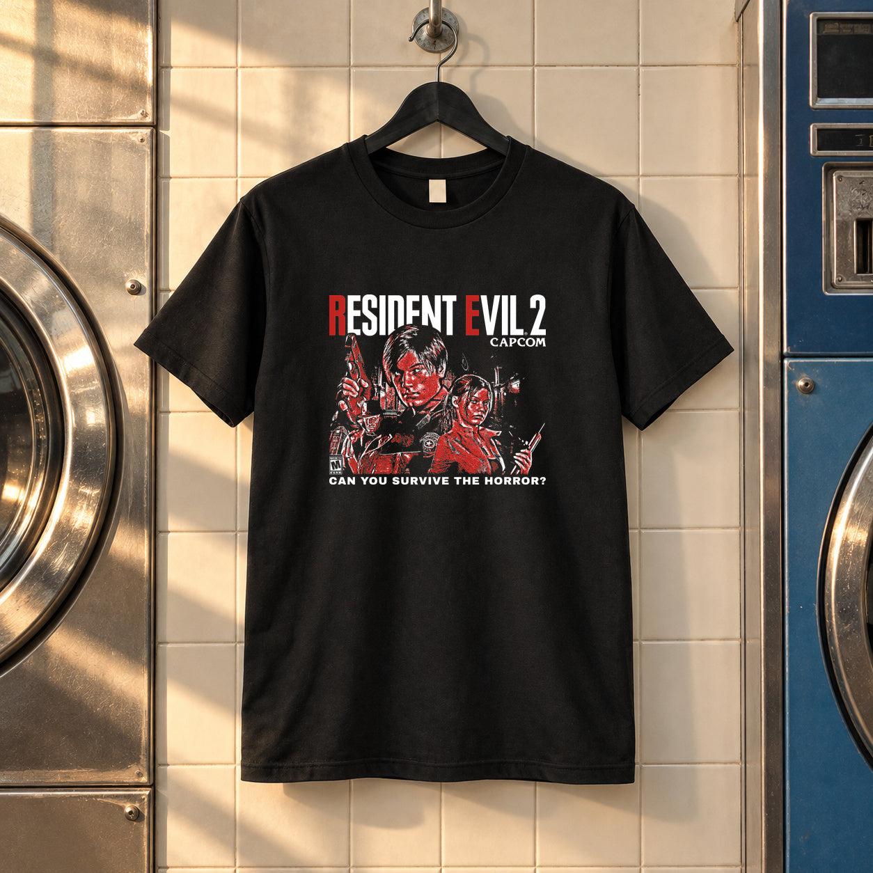 Resident evil 2 black tee — black tee, front print, laundry setting