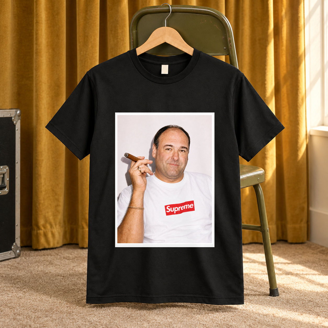 Soprano black graphic tee — black tee, front print, chair setting
