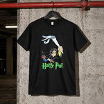 Harry pot black tee — black tee, front print, garage setting