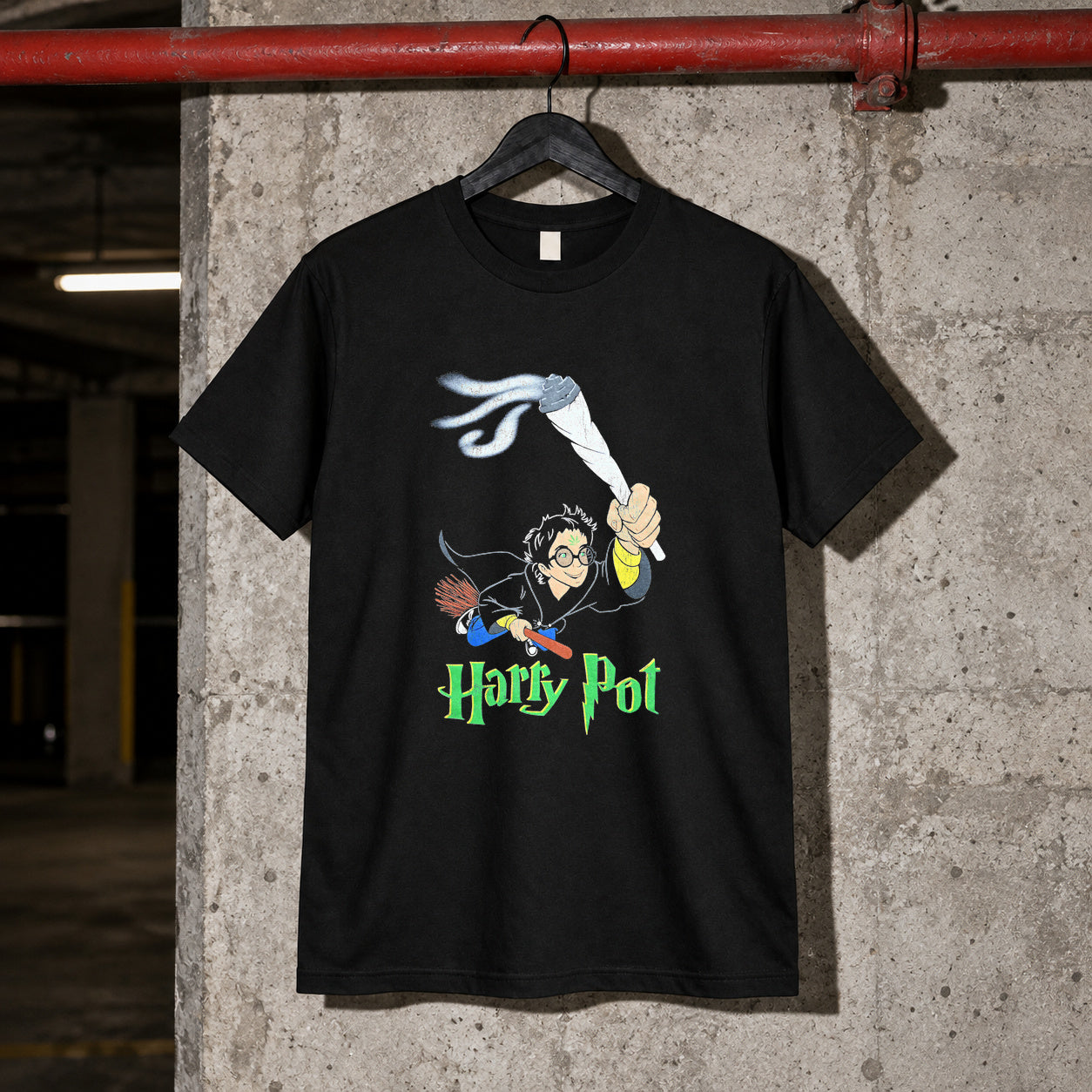 Harry pot black tee — black tee, front print, garage setting