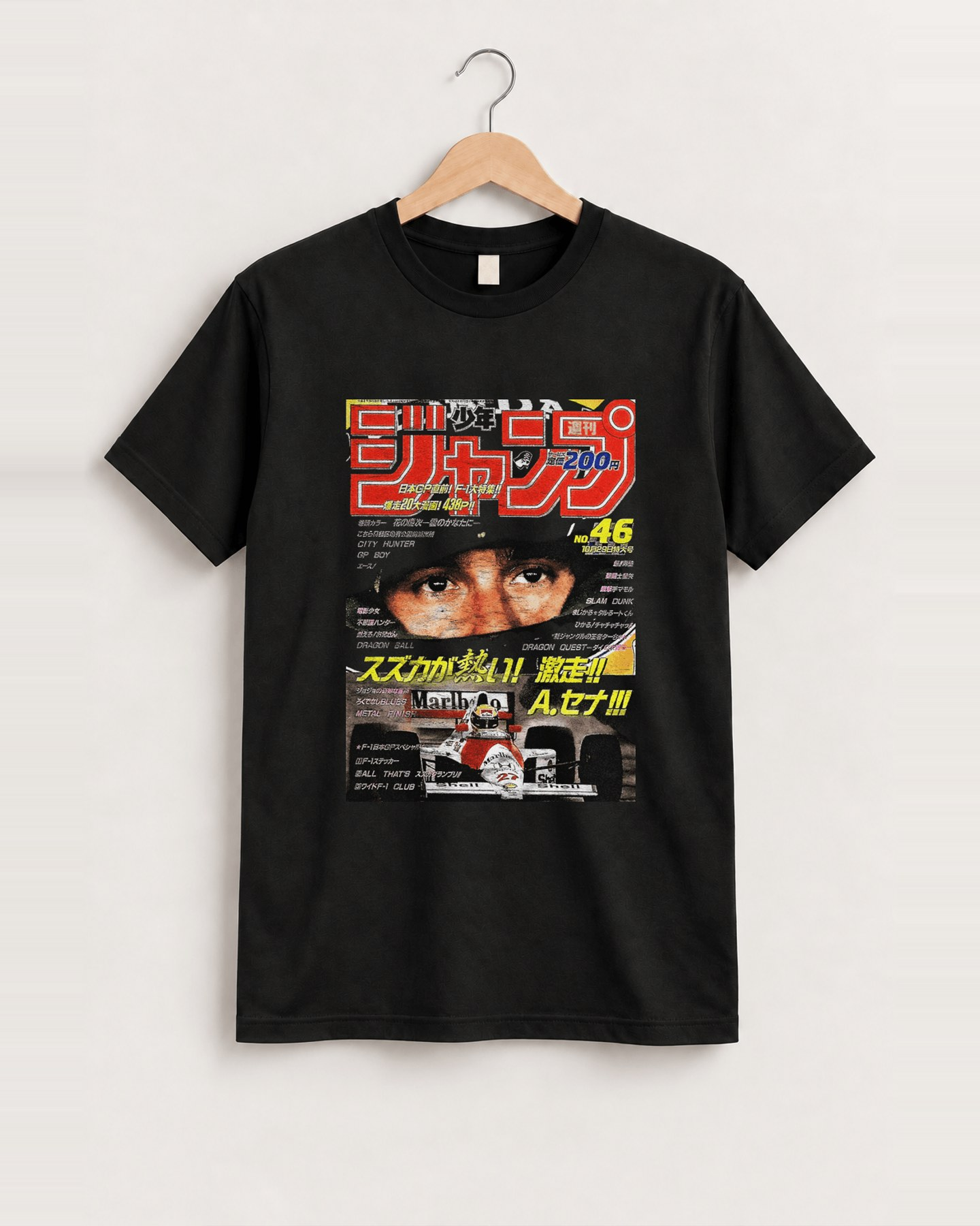 'ayrton senna' 90s shonen cover heavy black tee front