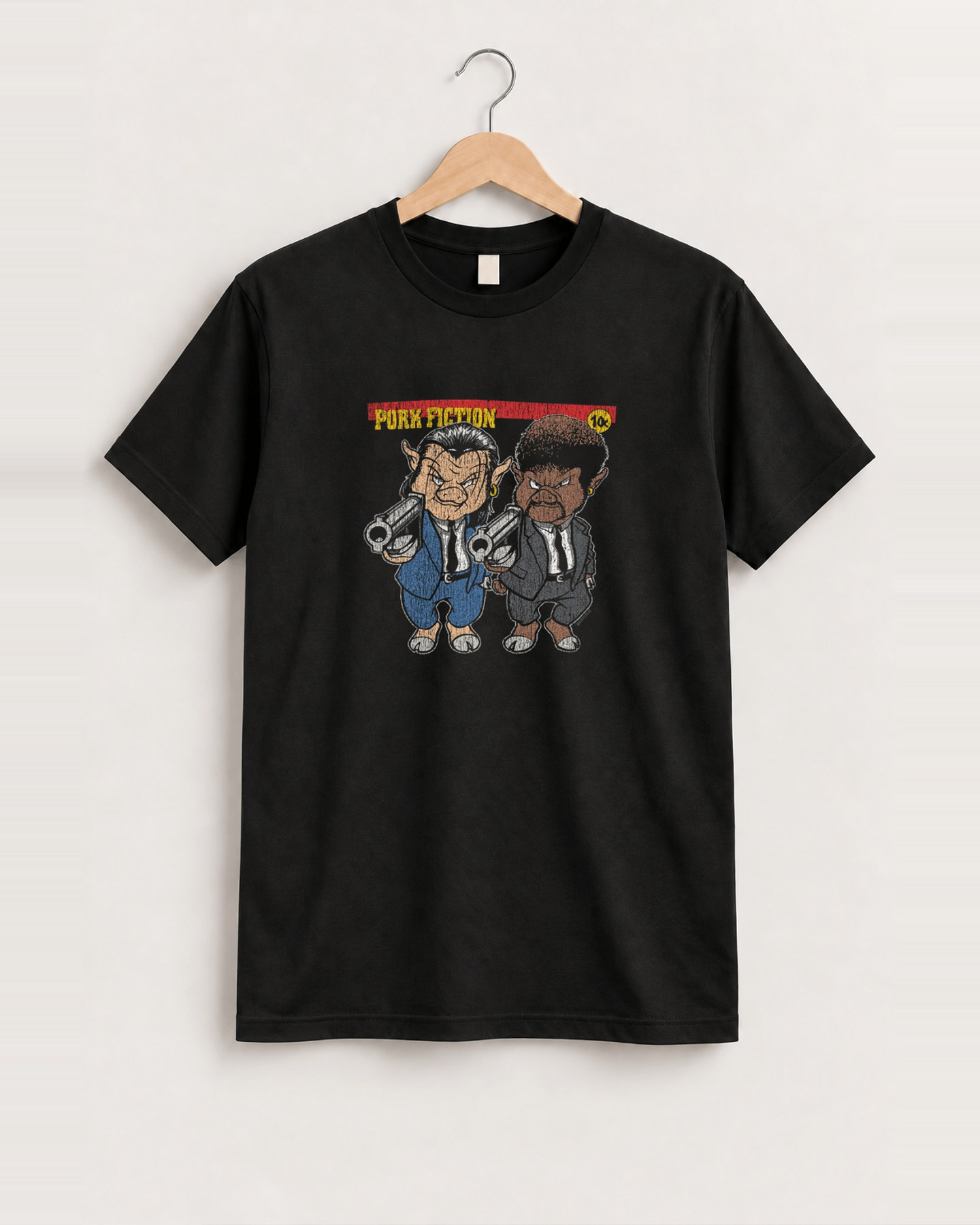 Pork fiction parody black tee front