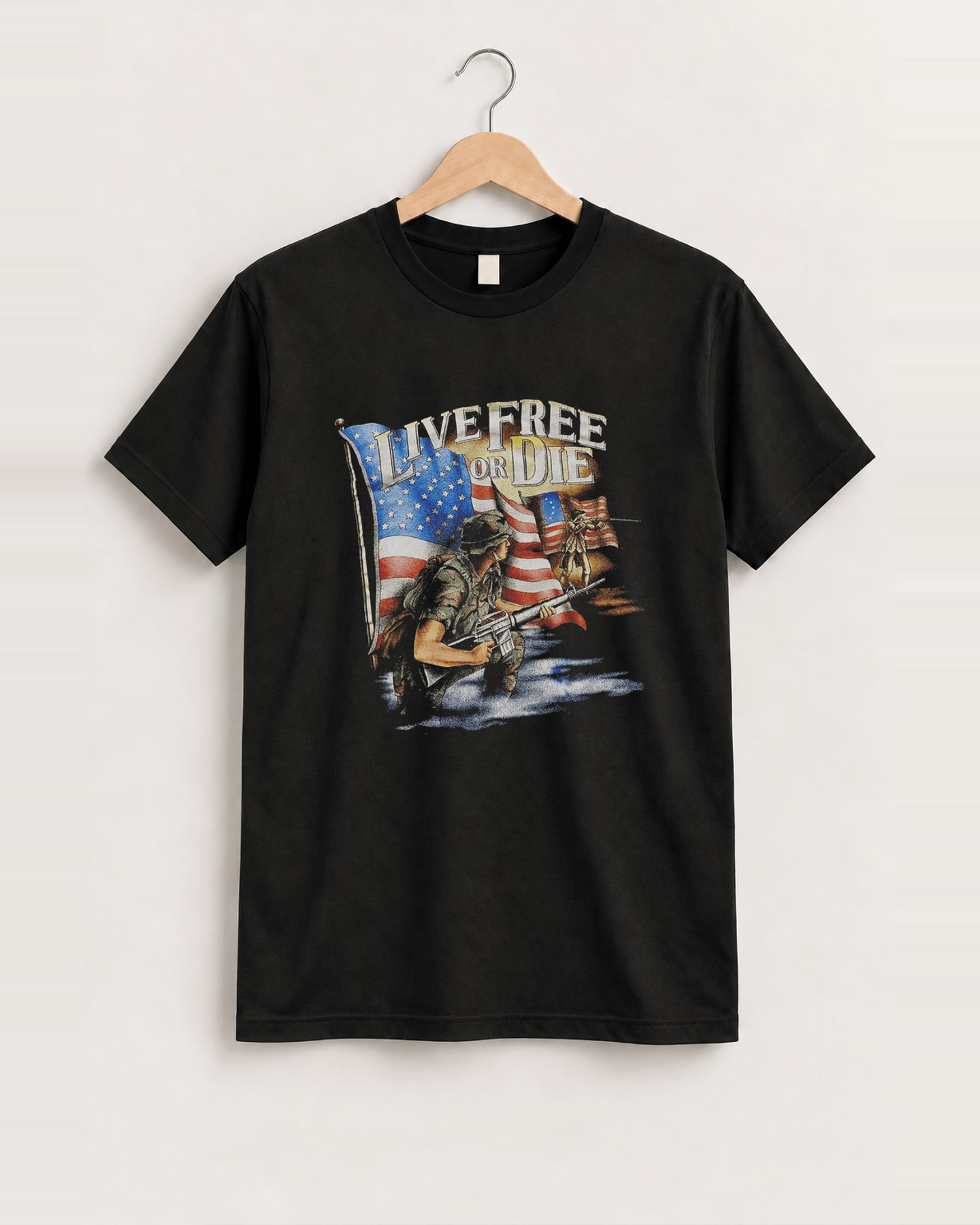 Live free or die black tee front