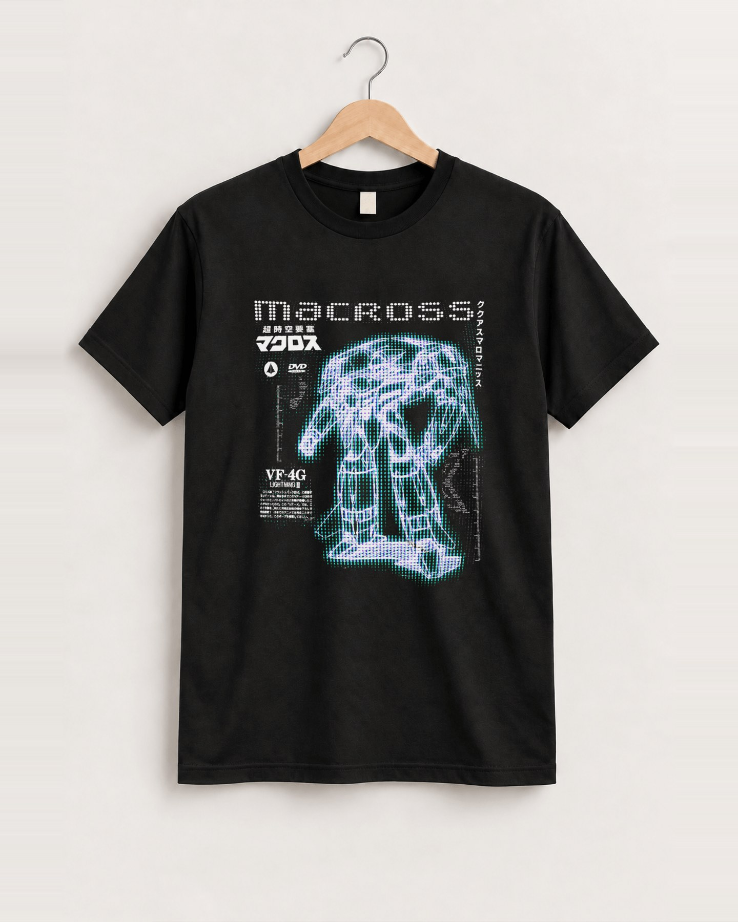 'macross maniax' mech blueprint vintage black tee front