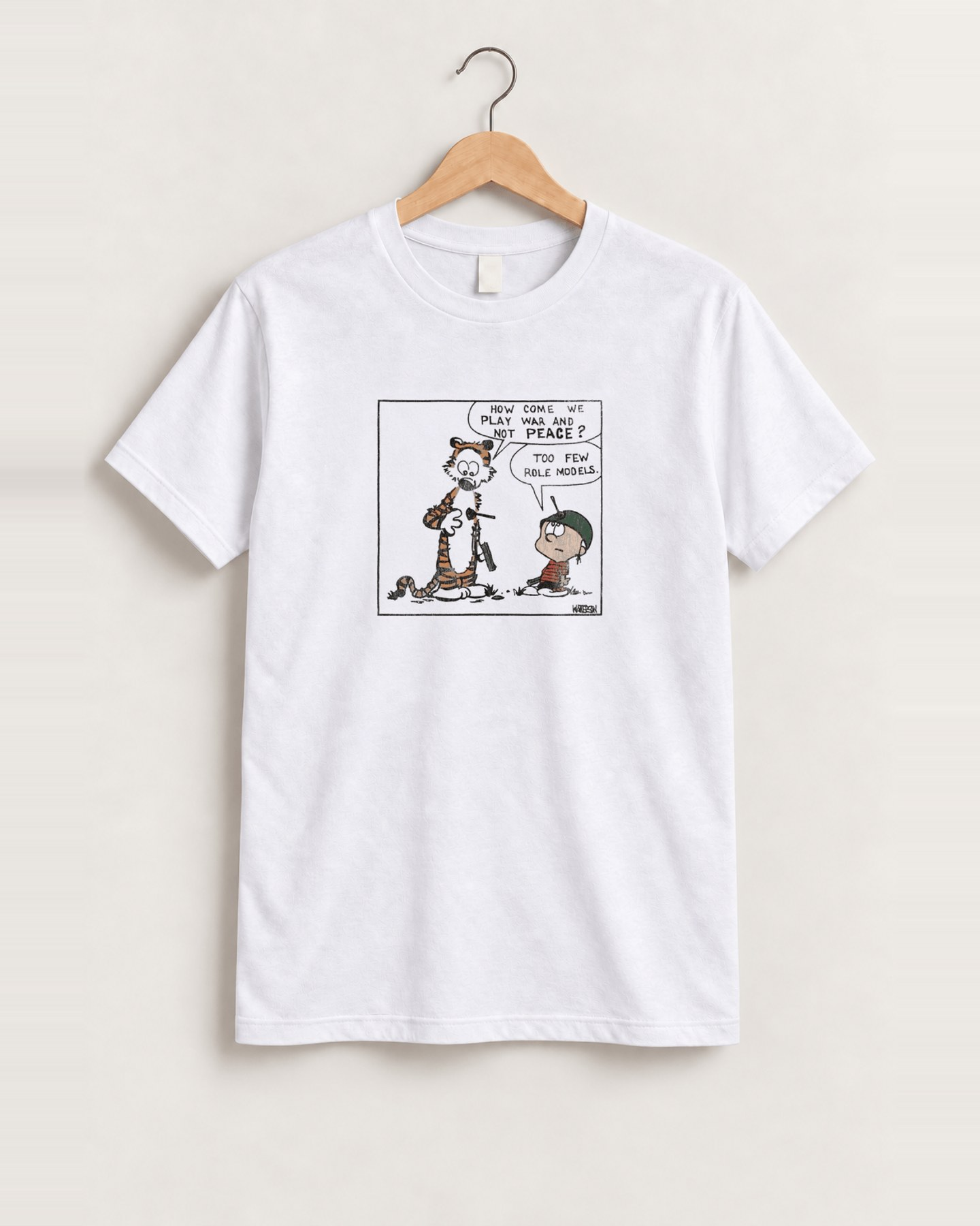 90s calvin & hobbes peace not war white tee front