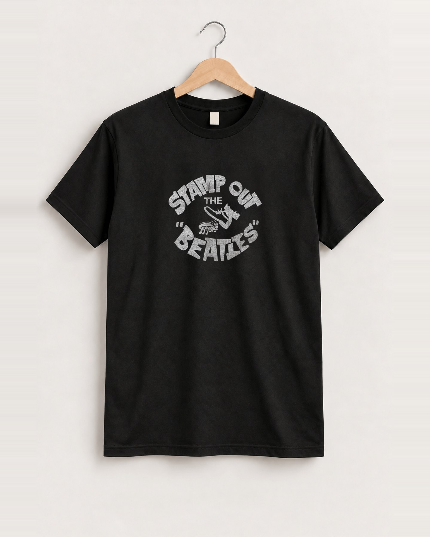 60s 'stamp out the beatles' black crewneck vintage print, approved scene front [FG-494f839c3357]