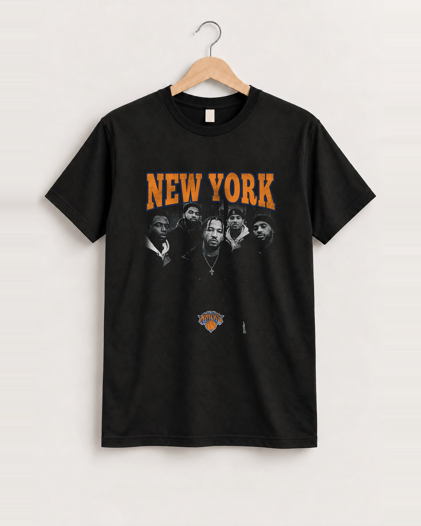 Knicks starting lineup black tee, approved scene front [FG-539f6b599084]