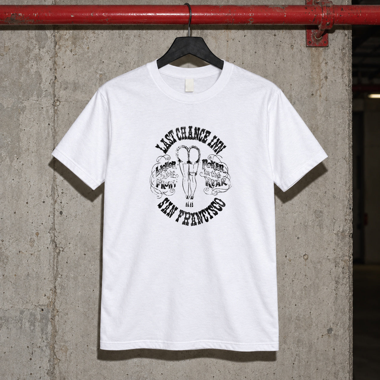 Last chance inn white tee — white tee, front print, garage setting