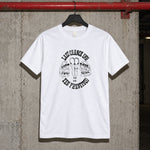 Last chance inn white tee — white tee, front print, garage setting