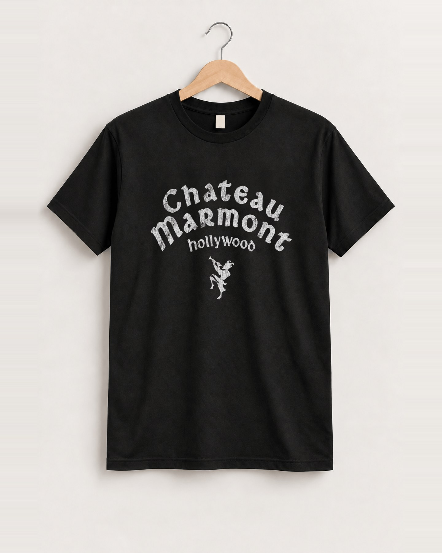 90s Chateau Marmont 'Hollywood' Rare Washed Black T-Shirt, approved scene front [FG-5742e8fed8cd]
