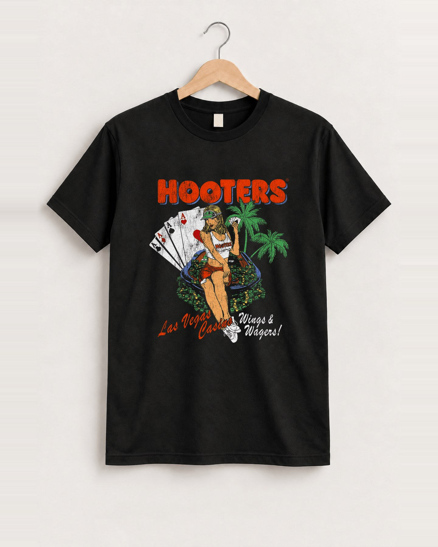 Y2K Hooter 'Wings And Wagers' Las Vegas Rare Washed Black T-Shirt, approved scene front [FG-67dd92c80f26]