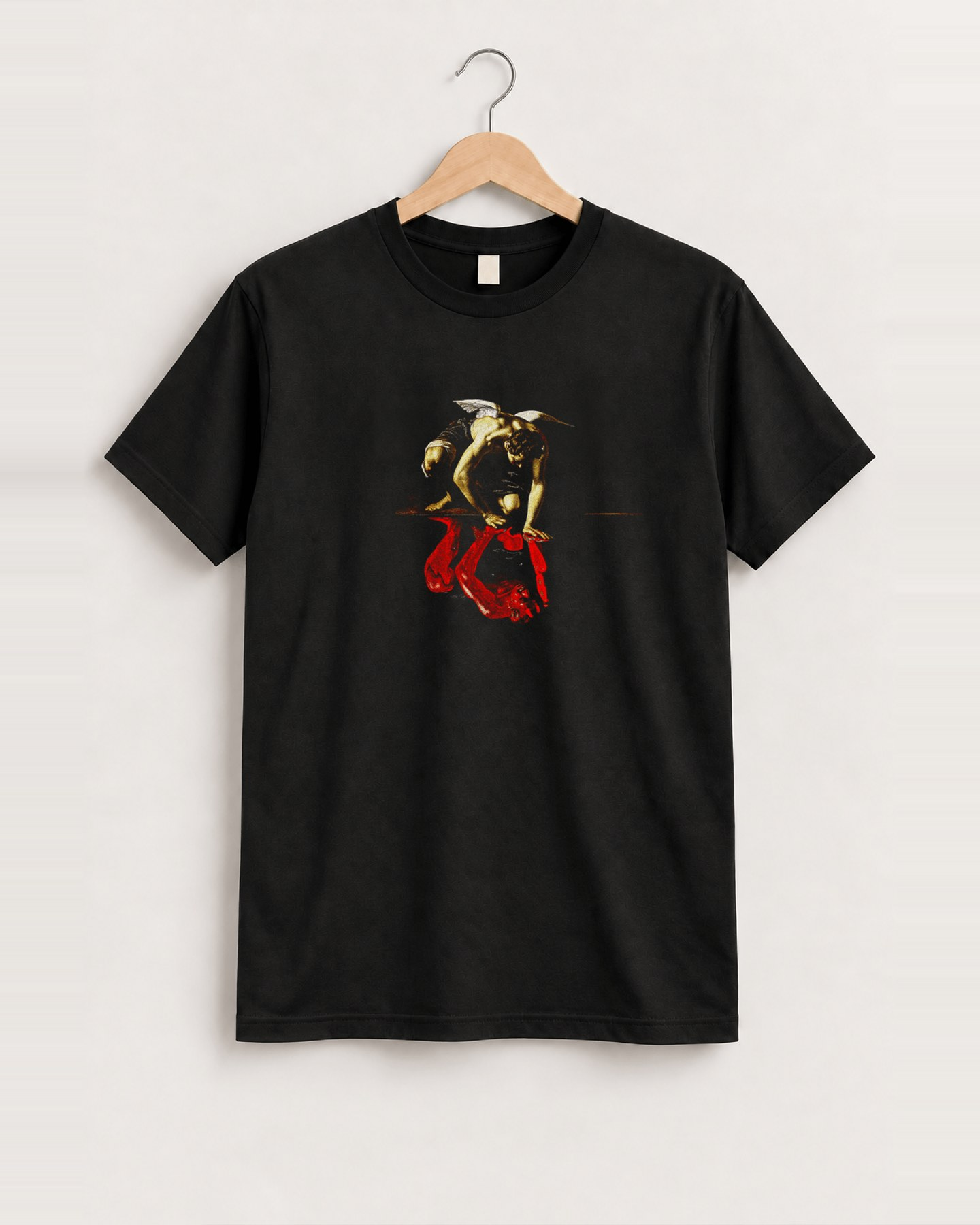 'lucifer was once an angel' black t-shirt front