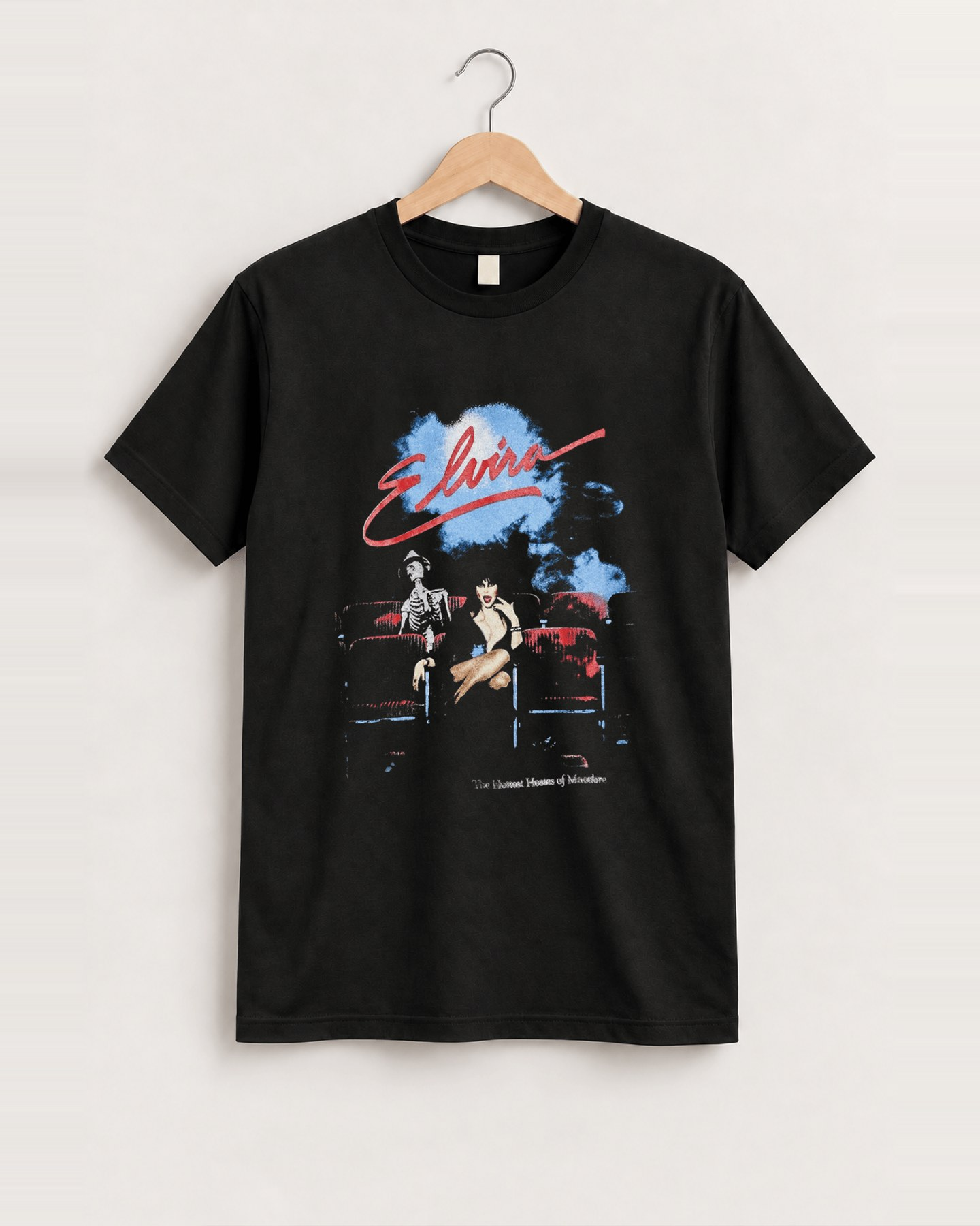 90s elvira 'hottest hostess' vintage promo black tee front