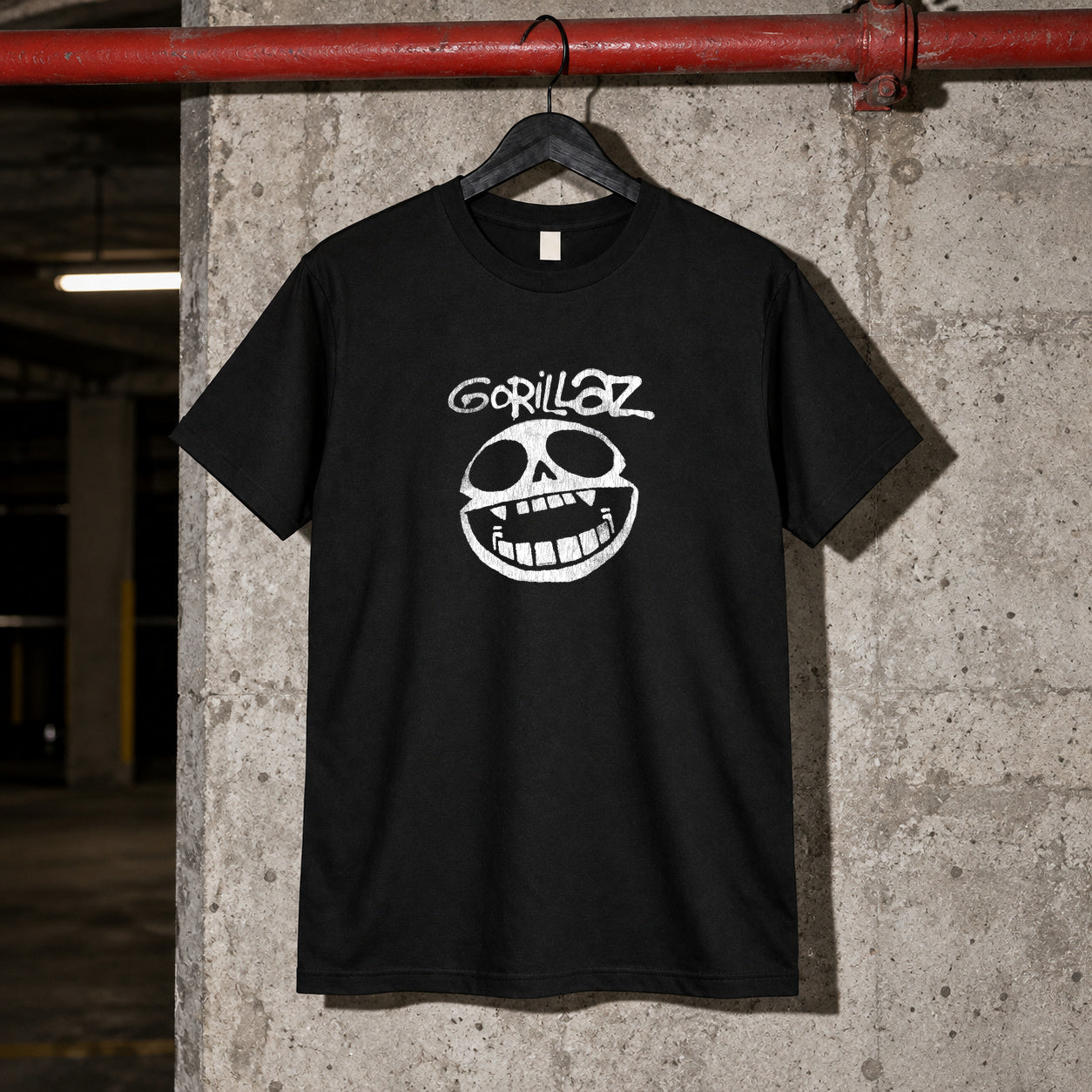 Y2k gorillaz xray skull black tee — black tee, front print, garage setting