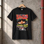 'ayrton senna' 90s shonen cover heavy black tee — black tee, front print, garage setting