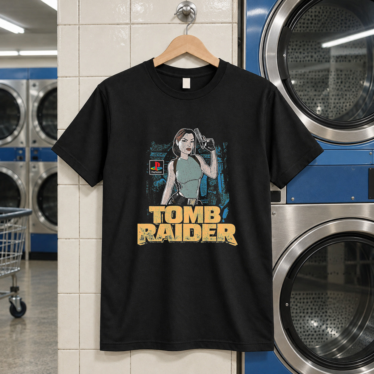 Tomb raider black tee — black tee, front print, laundry setting