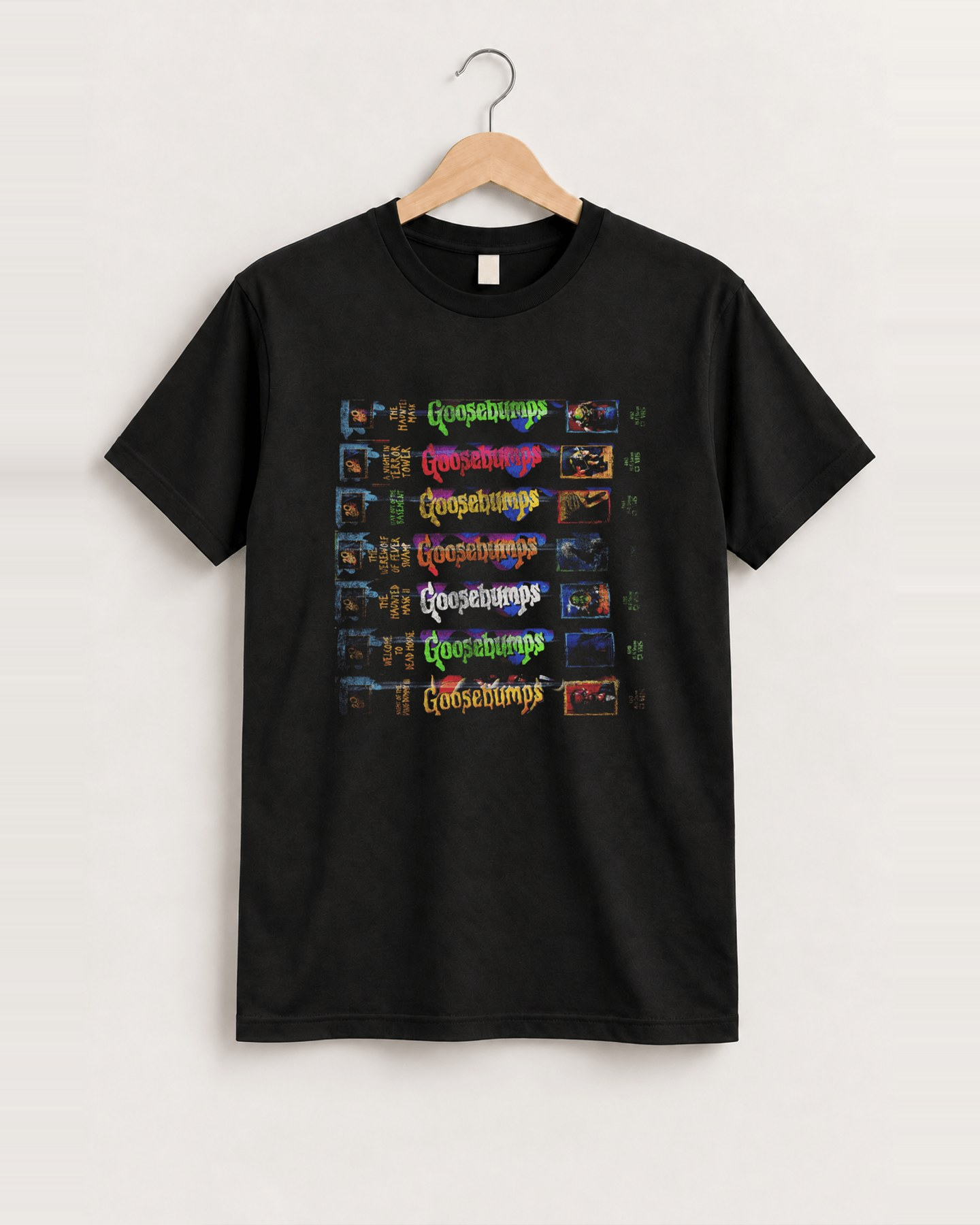 Retro 'goosebumps' spine stack vintage black tee front