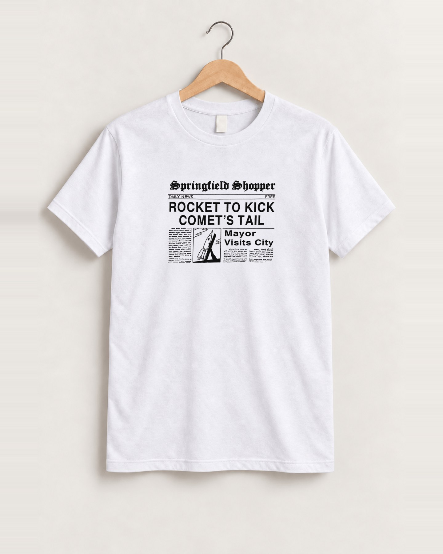 Springfield shopper 'rocket kicks comet's tail' newspaper white vintage tee front