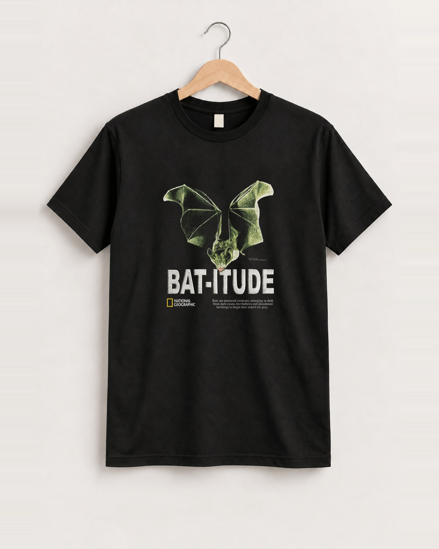 90s national geographic bat-itude black tee front