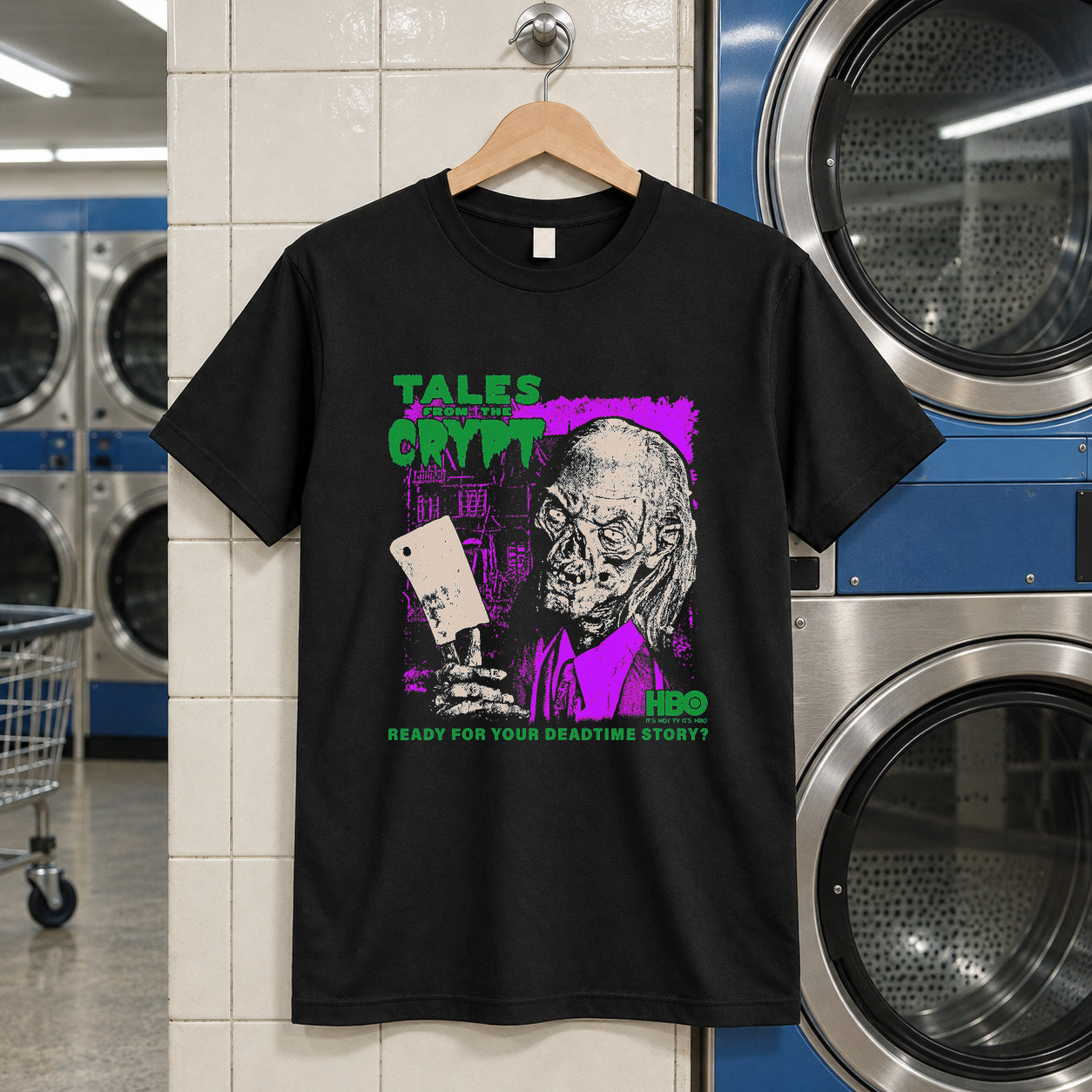Tales from the crypt black t-shirt — black tee, front print, laundry setting