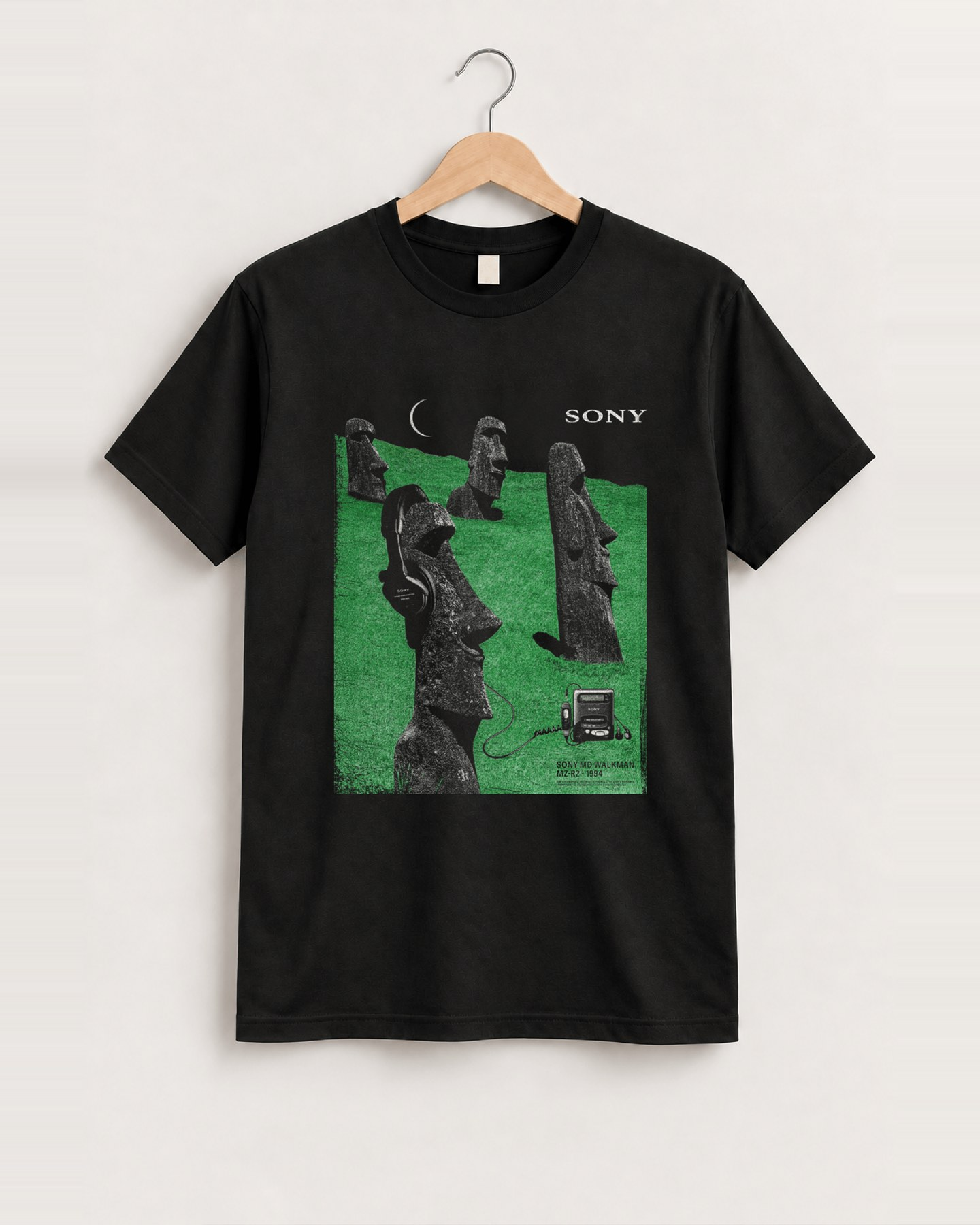 1994 Sony 'Easter Island' Walkman MD Heavy Faded Black Tee, approved scene front [FG-94cedf97bd97]