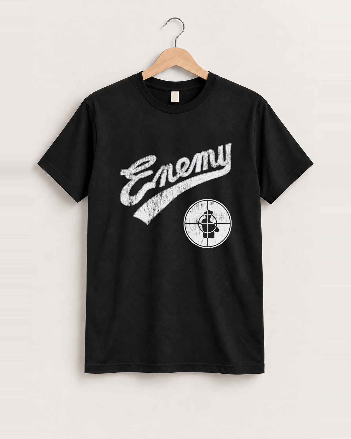 1991 Public Enemy Crosshair Rare Washed Black T-Shirt, approved scene front [FG-a334e15ab115]