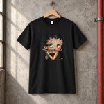 Betty boop black tee — black tee, front print, garage setting