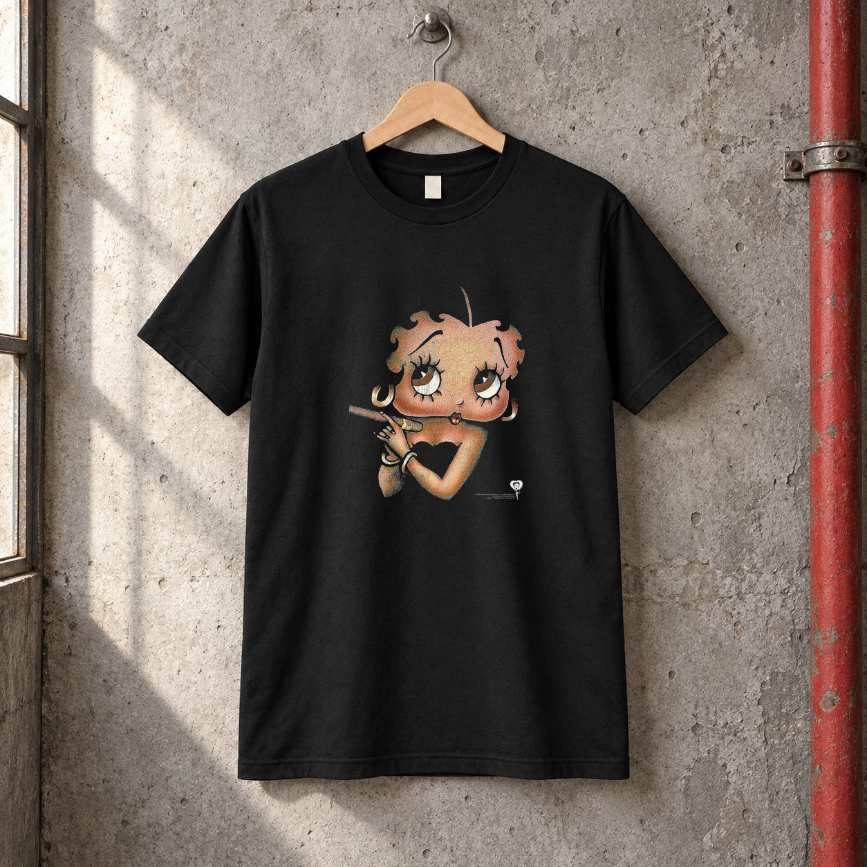 Betty boop black tee — black tee, front print, garage setting