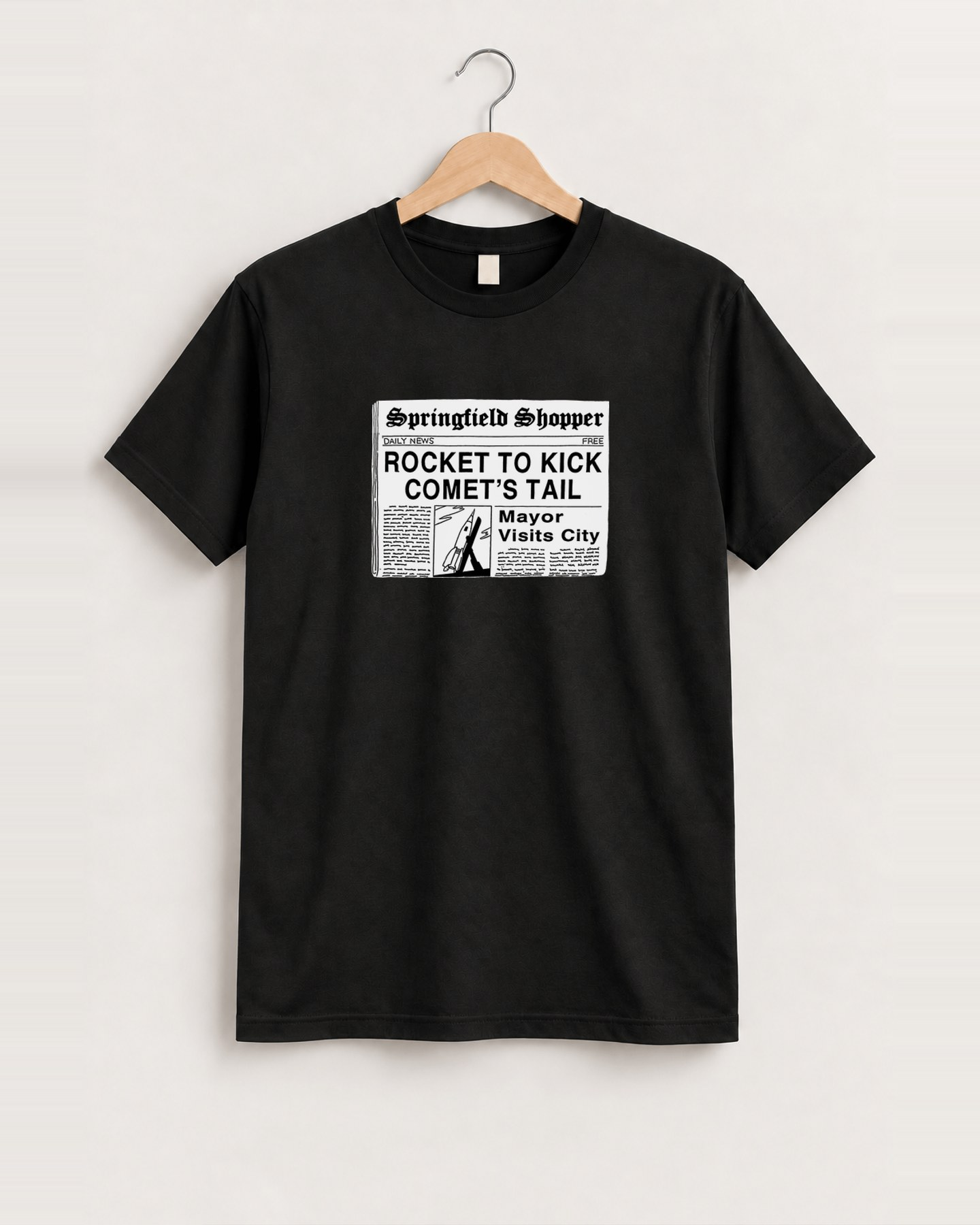 Springfield shopper 'rocket to kick comet's tail' newspaper vintage black tee front