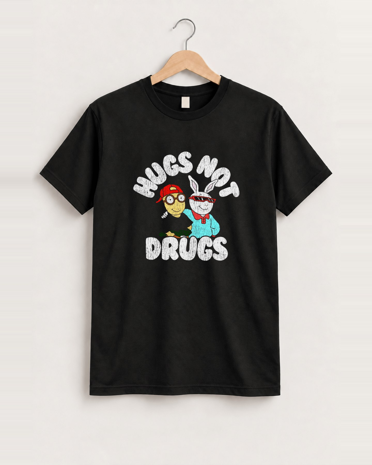 Hugs not drugs black tee front