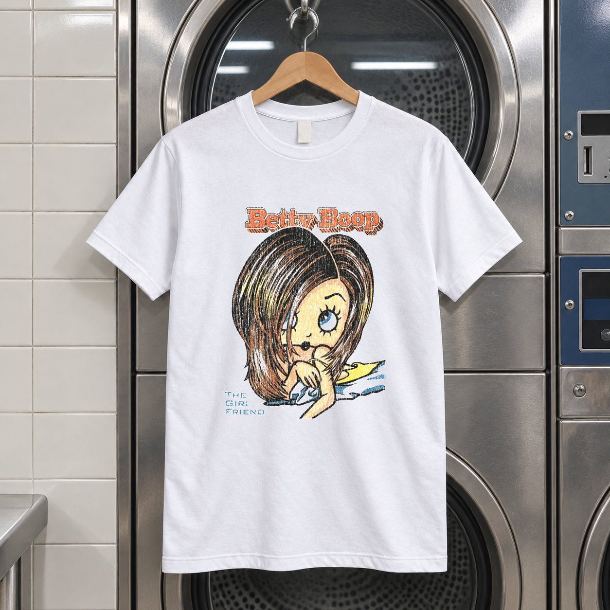 Betty boop x friends white tee — white tee, front print, laundry setting
