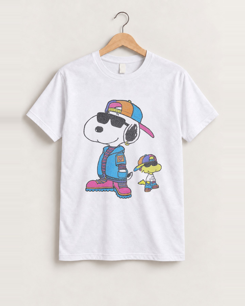 90s Snoopy & Woodstock Hip-Hop Rare Washed White T-Shirt, approved scene front [FG-f6c35721dff8]