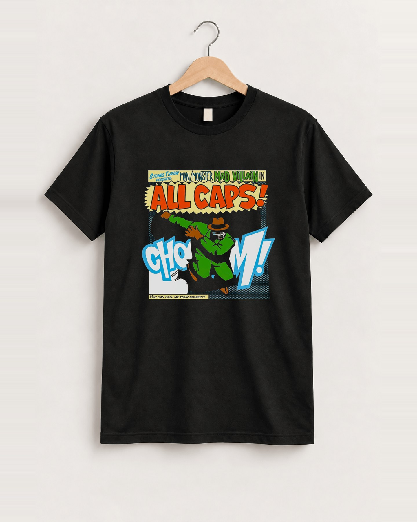 Mad villain all caps black t-shirt front